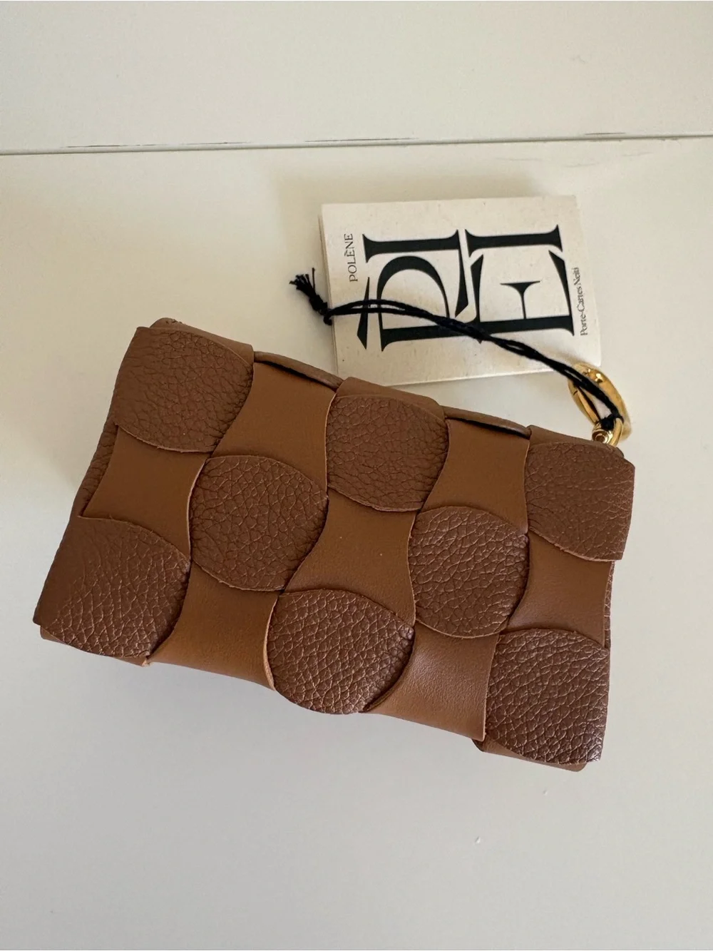 Polène Brown Woven Leather Key & Card Holder with Gold Ring